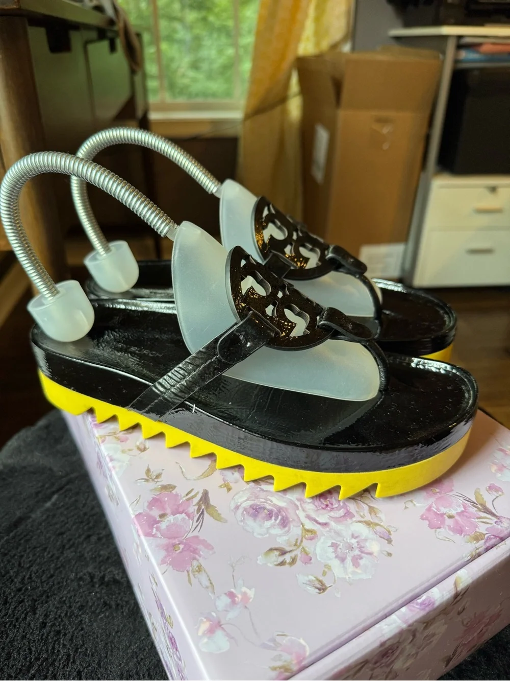 Tory Burch Miller Cloud Lug Sandal Black Patent Leather Logo Cutout platform